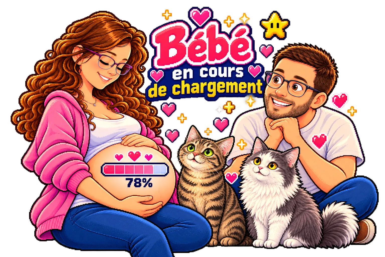 Bébé en cours de chargement : maman, papa et les deux chats